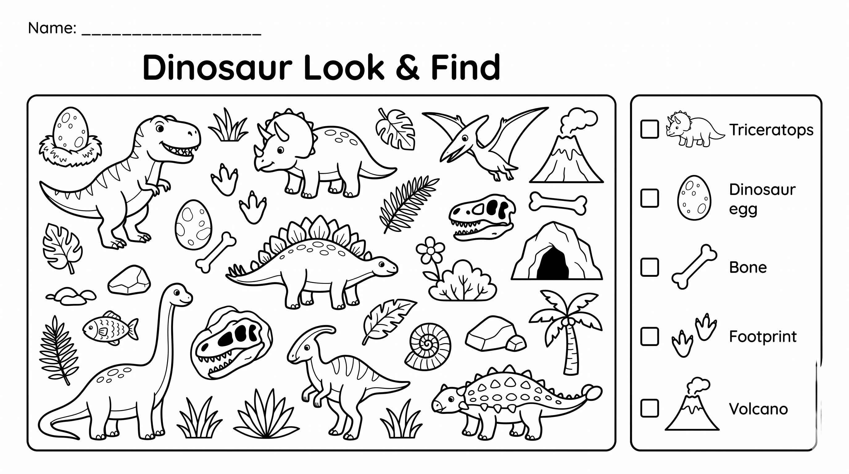 Dinosaur Look & Find printable worksheet with hidden objects and checklist