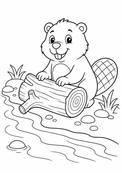 Beaver by river printable animal coloring page for kids ages 6-8