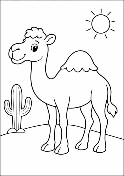 Camel in desert printable animal coloring page for kids ages 6-8