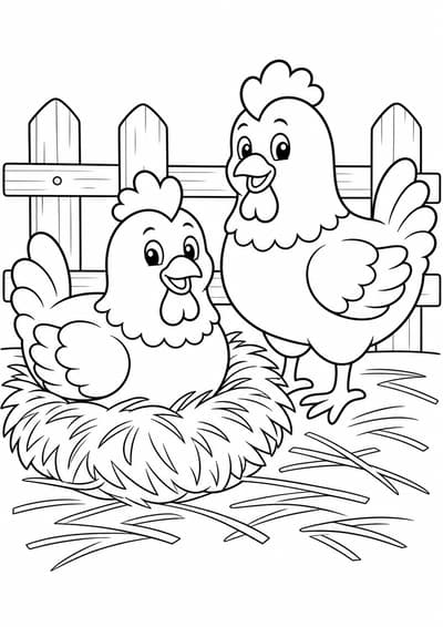 Chickens in coop printable animal coloring page for kids ages 6-8