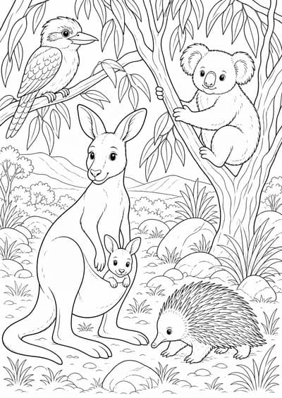 Detailed Australian animals printable coloring page for kids ages 9-10