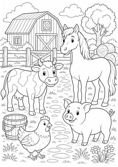 Detailed farmyard animals printable coloring page for kids ages 9-10