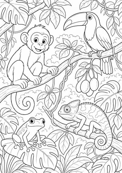 Detailed jungle canopy animals printable coloring page for kids ages 9-10