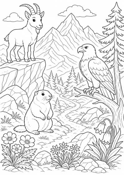 Detailed mountain animals printable coloring page for kids ages 9-10