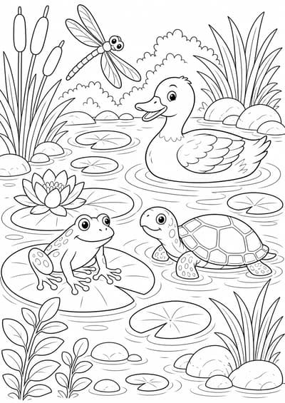 Detailed pond life animals printable coloring page for kids ages 9-10