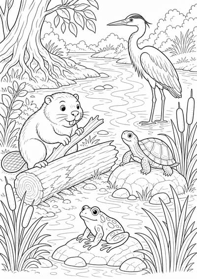 Detailed riverbank animals printable coloring page for kids ages 9-10