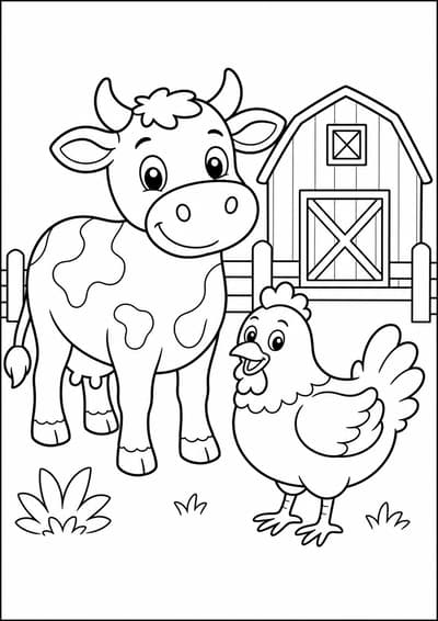 Farm animal friends printable coloring page for kids ages 6-8