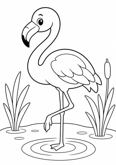 Flamingo in water printable animal coloring page for kids ages 6-8
