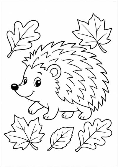 Hedgehog with leaves printable animal coloring page for kids ages 6-8