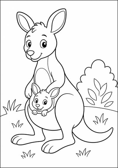 Kangaroo and joey printable animal coloring page for kids ages 6-8