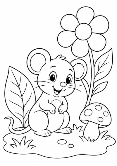Mouse in garden printable animal coloring page for kids ages 6-8