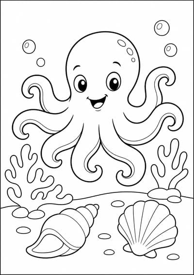 Octopus underwater printable animal coloring page for kids ages 6-8