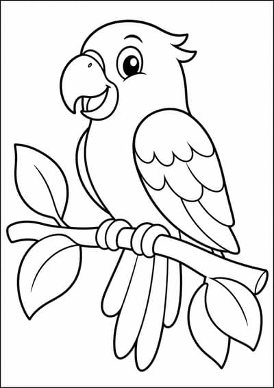 Parrot on branch printable animal coloring page for kids ages 6-8
