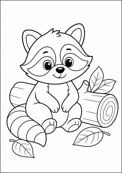 Raccoon by log printable animal coloring page for kids ages 6-8
