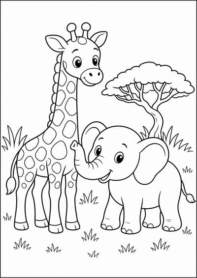 Safari animals printable coloring page for kids ages 6-8