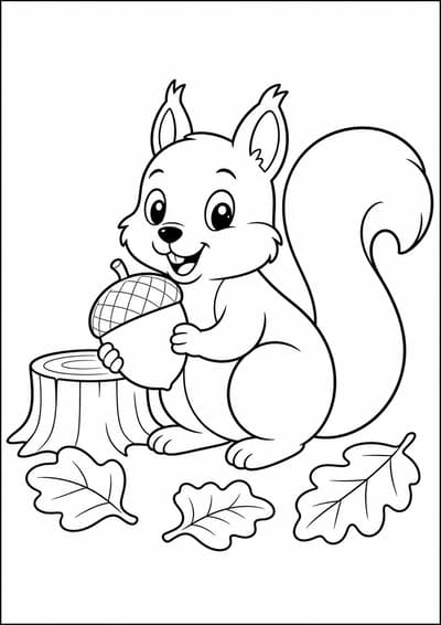 Squirrel with acorn printable animal coloring page for kids ages 6-8