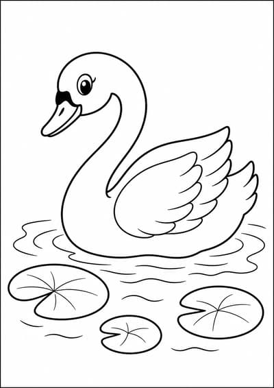 Swan on pond printable animal coloring page for kids ages 6-8
