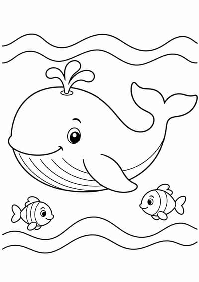 Whale and fish printable animal coloring page for kids ages 6-8