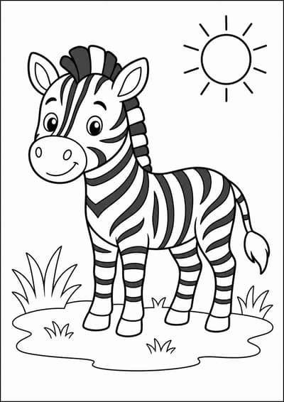 Zebra on grass printable animal coloring page for kids ages 6-8
