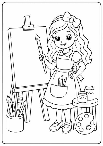 Cute fashion doll art studio printable Barbie coloring page for kids ages 6-8