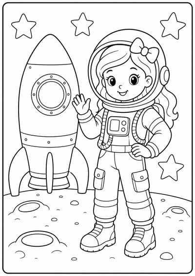 Cute fashion doll astronaut printable Barbie coloring page for kids ages 6-8