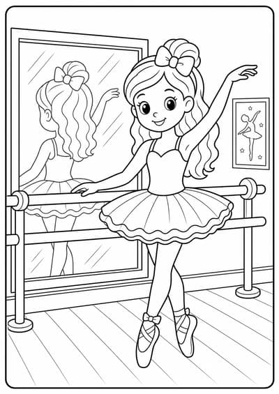 Cute fashion doll ballerina studio printable Barbie coloring page for kids ages 6-8