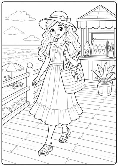Detailed fashion doll beach boardwalk printable Barbie coloring page for kids ages 9-10