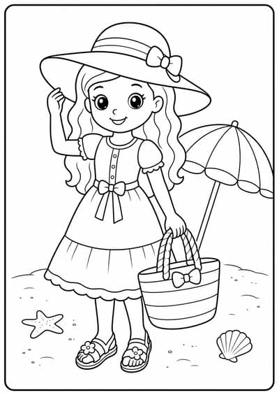 Cute fashion doll beach outfit printable Barbie coloring page for kids ages 6-8