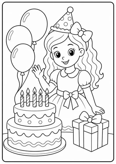 Cute fashion doll birthday party printable Barbie coloring page for kids ages 6-8