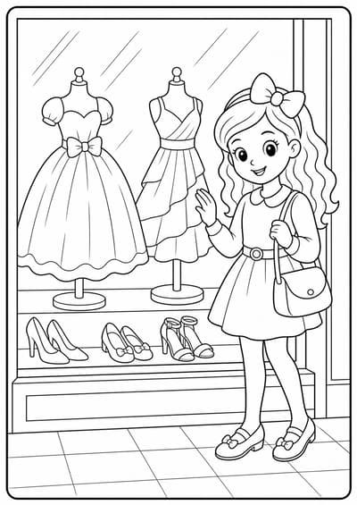 Cute fashion doll boutique window printable Barbie coloring page for kids ages 6-8
