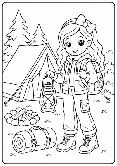 Cute fashion doll camping printable Barbie coloring page for kids ages 6-8