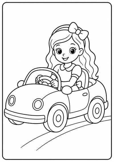 Cute fashion doll car ride printable Barbie coloring page for kids ages 6-8