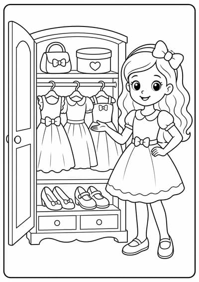 Cute fashion doll closet printable Barbie coloring page for kids ages 6-8