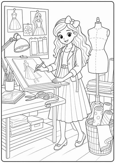 Detailed fashion doll designer studio printable Barbie coloring page for kids ages 9-10