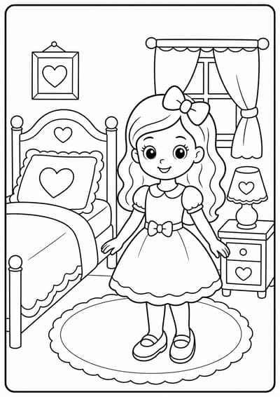Cute fashion doll dollhouse bedroom printable Barbie coloring page for kids ages 6-8