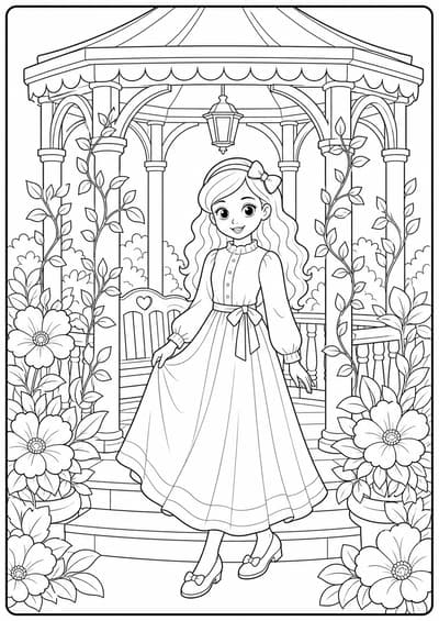 Detailed fashion doll garden gazebo printable Barbie coloring page for kids ages 9-10