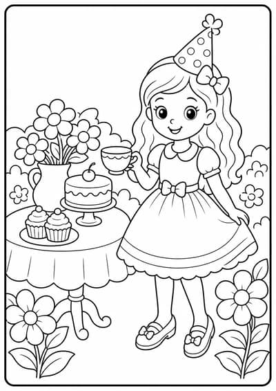 Cute fashion doll garden party printable Barbie coloring page for kids ages 6-8