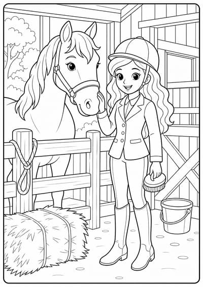 Detailed fashion doll horse stable printable Barbie coloring page for kids ages 9-10
