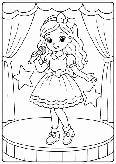 Cute fashion doll music stage printable Barbie coloring page for kids ages 6-8