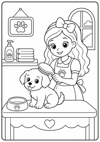 Cute fashion doll pet salon printable Barbie coloring page for kids ages 6-8