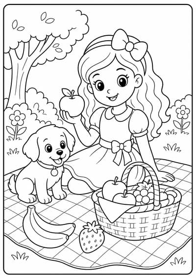 Cute fashion doll picnic with puppy printable Barbie coloring page for kids ages 6-8