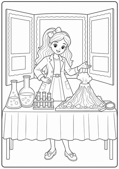 Detailed fashion doll science fair printable Barbie coloring page for kids ages 9-10