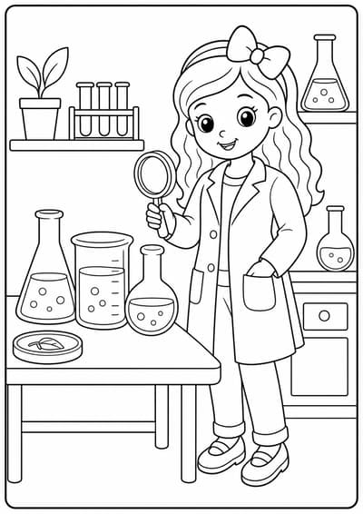 Cute fashion doll science lab printable Barbie coloring page for kids ages 6-8