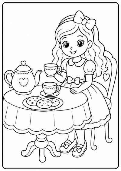 Cute fashion doll tea party printable Barbie coloring page for kids ages 6-8