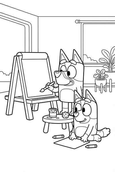 Bluey and Bingo doing art together coloring page for kids age 6-8