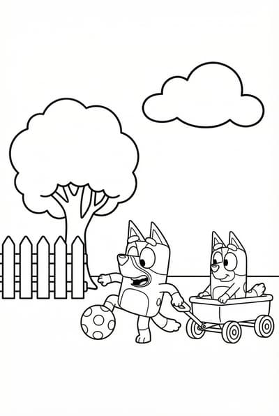 Bluey and Bingo playing in the backyard coloring page for kids age 6-8