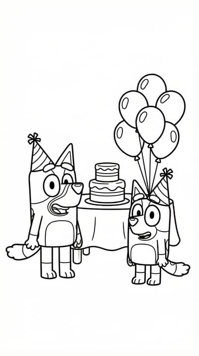 Bluey and Bingo birthday party simple scene coloring page for kids age 6-8
