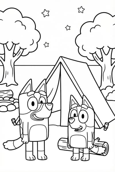 Bluey and Bingo camping simple scene coloring page for kids age 6-8