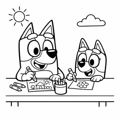 Bluey and Bingo drawing together coloring page for kids age 6-8