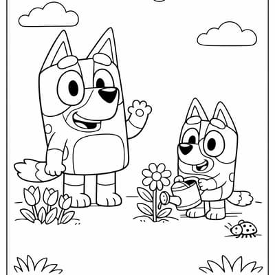 Bluey and Bingo in the garden coloring page for kids age 6-8